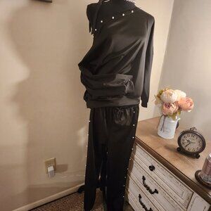 Elegant Black Off-Shoulder Pearl-Adorned Tracksuit